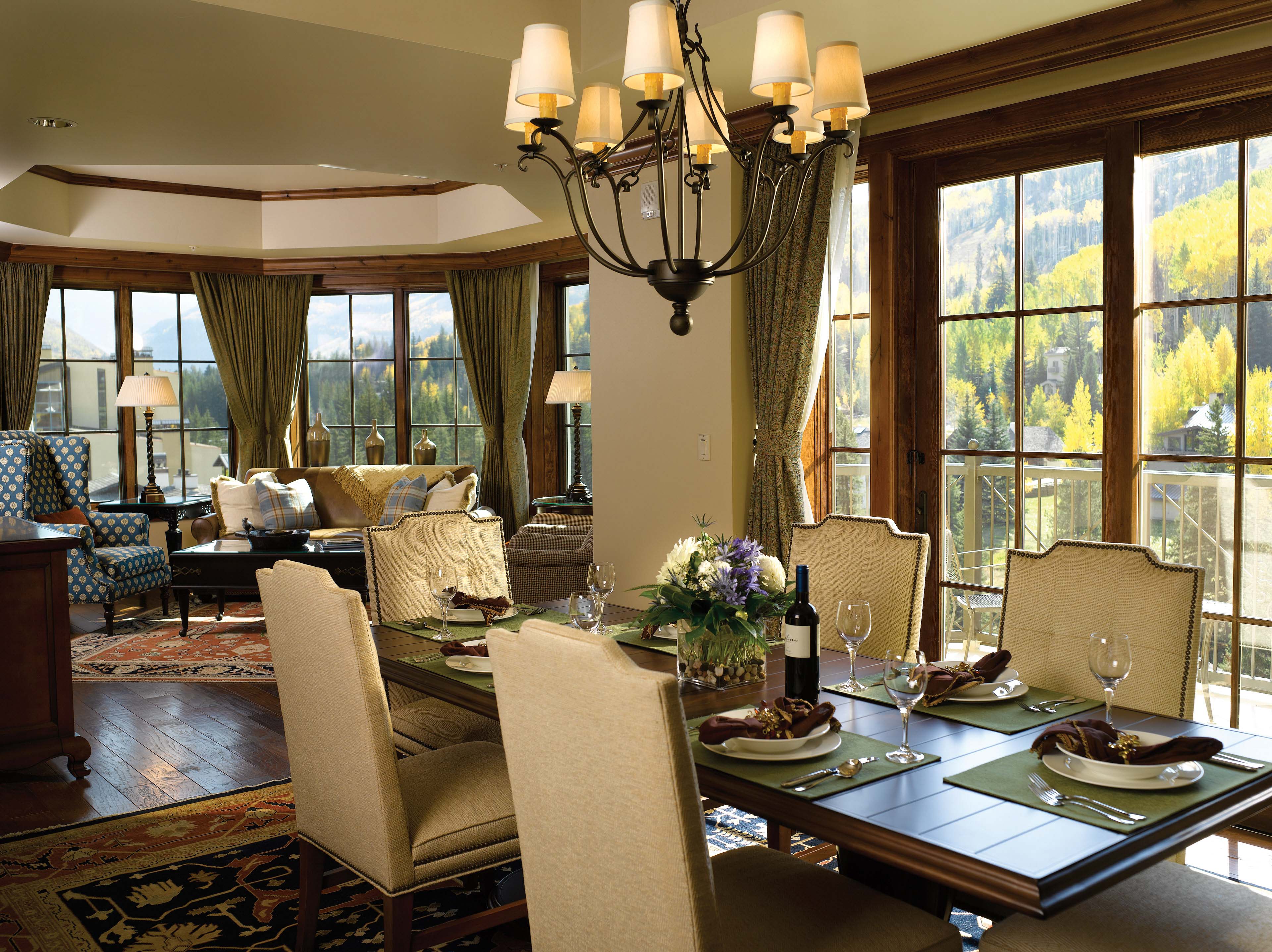 View of a dining table inside of a luxury private residence.