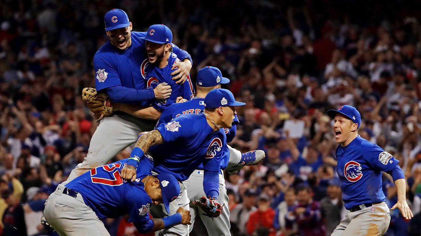 The Chicago Cubs celebrating their baseball World Series win.