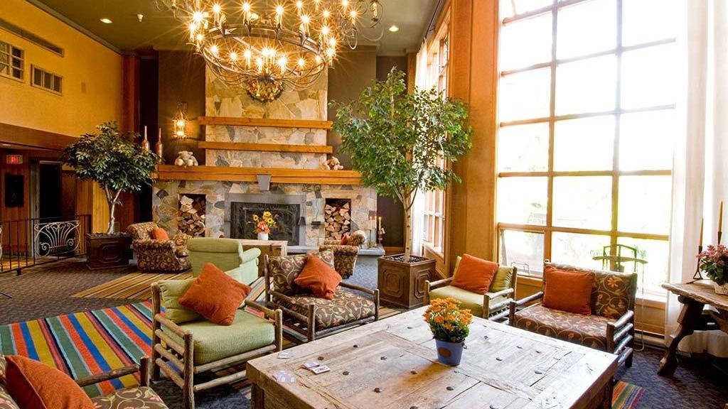 Inside lobby area at Embarc Whistler resort just off the slopes of Blackcomb Mountain in British Columbia, Canada.