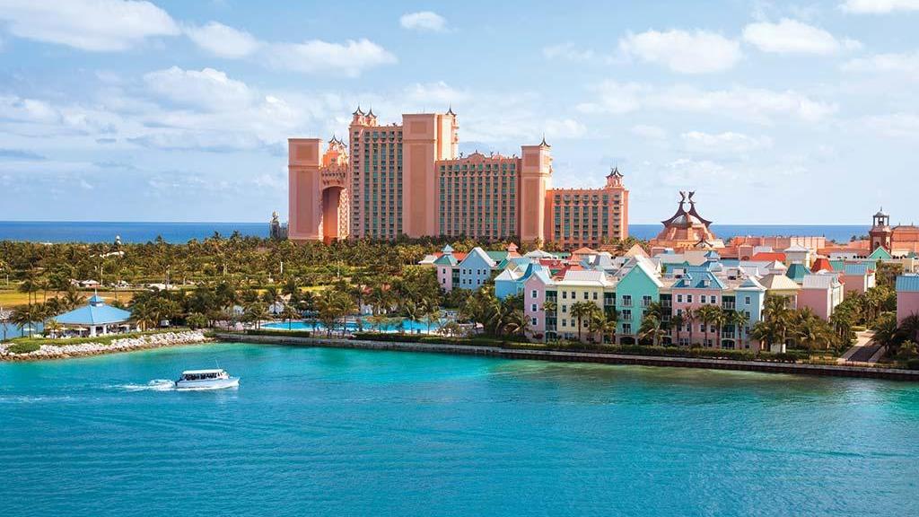 Aerial view of the Harborside Resort at Atlantis Paradise Island.