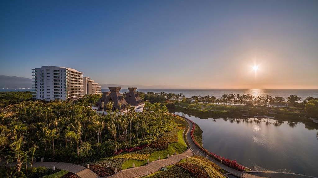 Sunset aerial view of the Grand Luxxe at Nuevo Vallarta, Mexico.